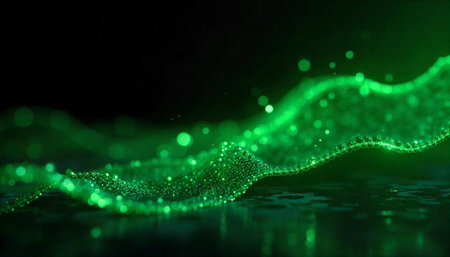 Abstract glowing green particle wave on a dark background