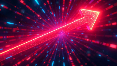 Glowing red arrow pointing upward against a digital backgroundの写真素材