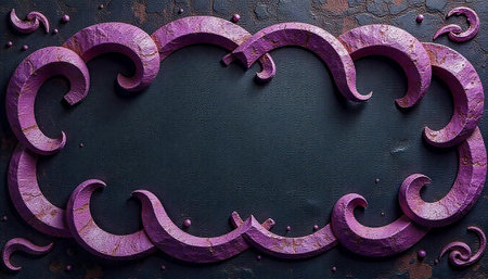 Textured purple frame on dark surface background, decorative designの写真素材