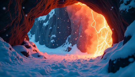 Snowy Cave Entrance with Mysterious Light and Energetic Lightningの写真素材