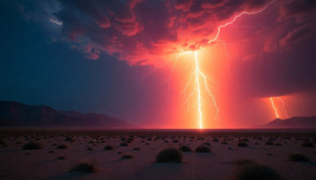 Powerful lightning strikes illuminate vast desert landscape at night