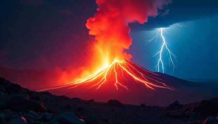 Volcanic eruption with lightning storm and lava flows