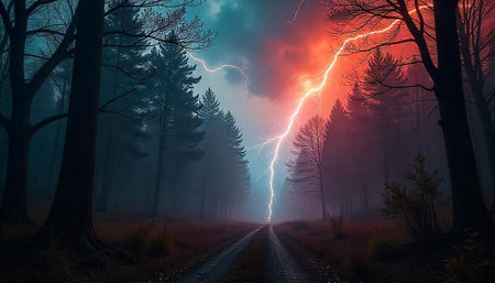 Dramatic lightning strikes forest path with colorful sky aboveの写真素材