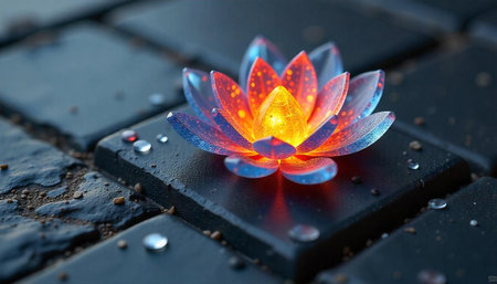 Glowing lotus flower on wet stone tiles background