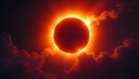 Dramatic solar eclipse with orange glow amidst dark clouds