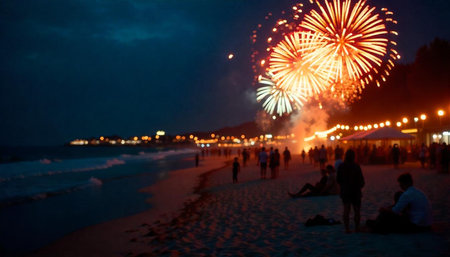 Beach fireworks display celebration illuminating the nighttime sky