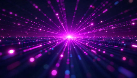 Abstract purple light streaks representing data streams and connectivity