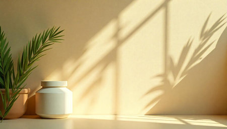 Minimalist still life with plant, jar and sunlight shadow