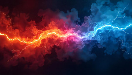 Fiery Red Versus Electric Blue Abstract Lightning Clashの写真素材