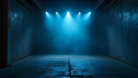 Industrial stage illuminated with blue light and hazeの写真素材