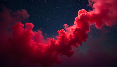 Surreal nightscape with red clouds and a starry sky