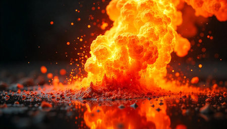 Dramatic orange explosion with reflection on dark surface