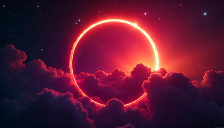 Neon Ring Over Clouds Against Starry Night Sky