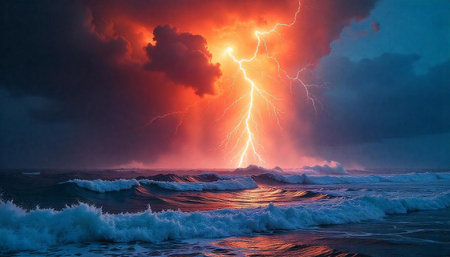 Lightning strikes the ocean during a dramatic sunset stormの写真素材