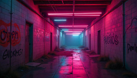 Urban decay with neon lighting in an industrial corridor
