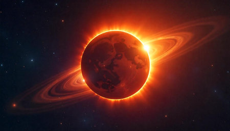 Fiery exoplanet with rings in a starfield backdrop