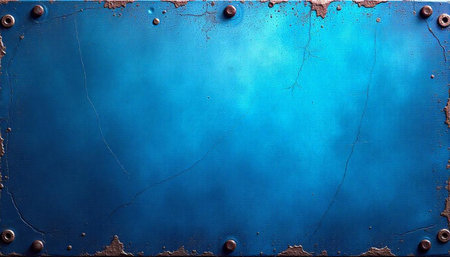 Abstract cracked blue metal panel with rusty hardware elementsの写真素材