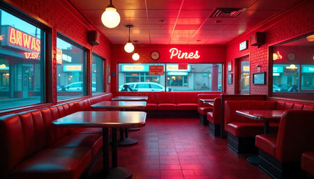 Red Diner Interior with Booths and Neon Signage
