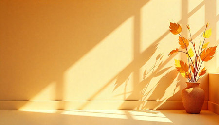 Warm autumnal leaves in vase with sunlight casting shadowsの写真素材