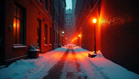 Illuminated Snowy Alleyway at Night in Winter City