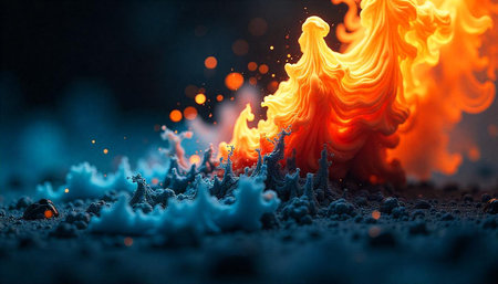 Abstract dynamic orange and blue formations against dark background