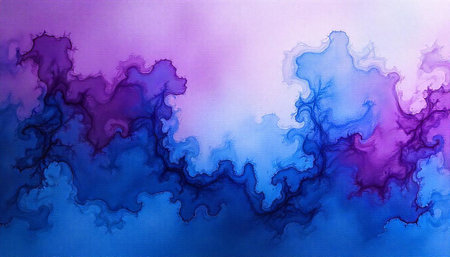 Abstract watercolor painting of organic flowing shapes in blue purple