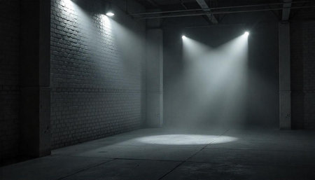 Empty industrial warehouse interior with spotlights and brick walls