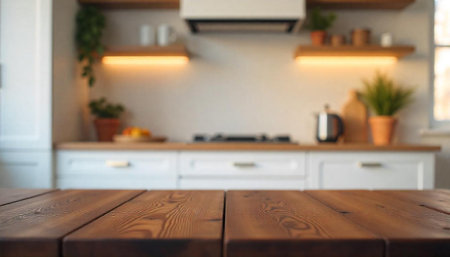 Wooden table in a blurred kitchen interior, countertop space