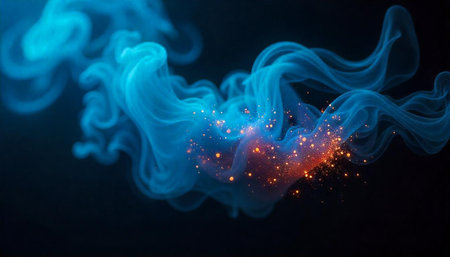 Abstract blue smoke with orange sparkles against black backdrop