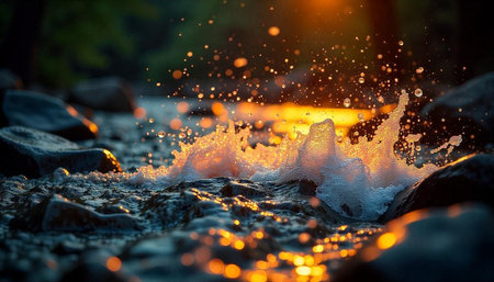 Golden hour light over river water splashing on rocks