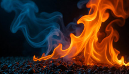 Contrasting elements of fire and ice on a dark background