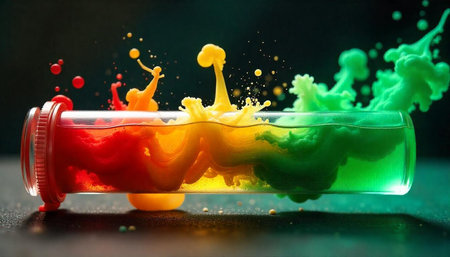 Colorful liquids mixing within transparent laboratory test tube