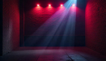 Dramatic red brick room with spotlight shining down