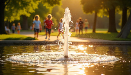 Children playing near a water fountain on a sunny day