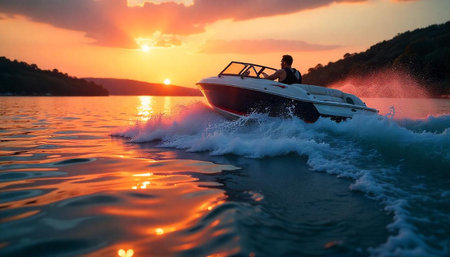 Speedboat cruising at sunset on lake, active lifestyle theme