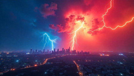 City skyline under intense lightning storm with vibrant skies