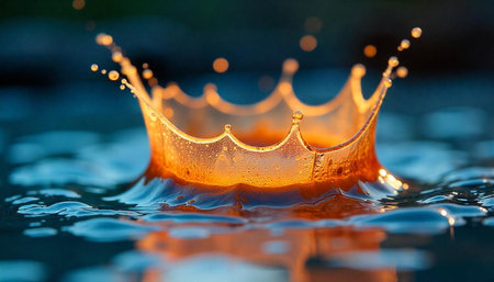 Water droplet crown close-up in blue water creates splash