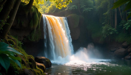 Majestic waterfall flows into a tranquil emerald pool