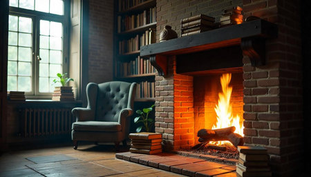 Cozy fireplace in a traditional library interior sceneの写真素材