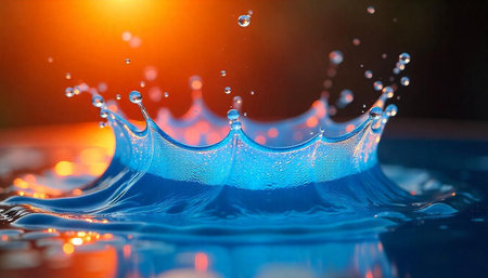 Water droplet collision creating a crown, close up view