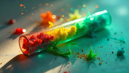 Colorful Powders in Glass Test Tube Representing Chemical Reactionsの写真素材