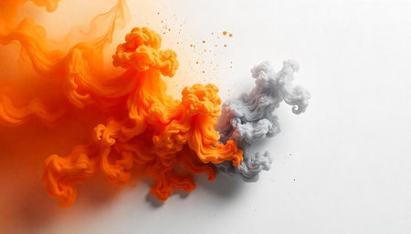 Abstract orange and gray smoke flowing on white background
