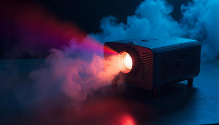 Projector casting vibrant light beam with smoke effect