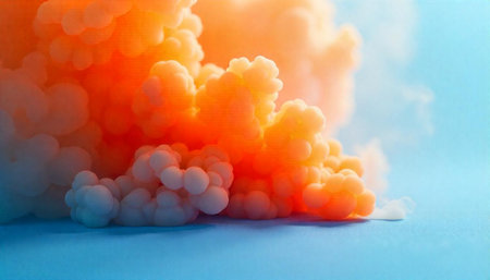 Orange cloud made of spheres with blue backgroundの写真素材