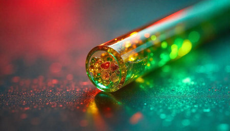 Glass tube filled with sparkling spheres, illuminated with red and green