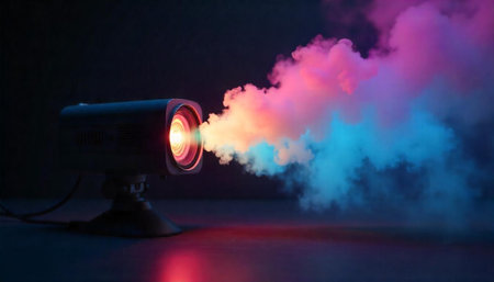 Projector emits smoke in vibrant colors against dark backgroundの写真素材