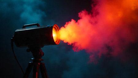 Dramatic spotlight emitting vibrant orange smoke against a dark background