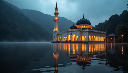 Illuminated mosque reflecting in water during twilight hoursの写真素材