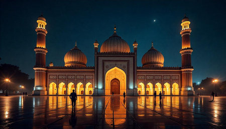 Illuminated Jama Masjid Mosque at night with reflective plazaの写真素材