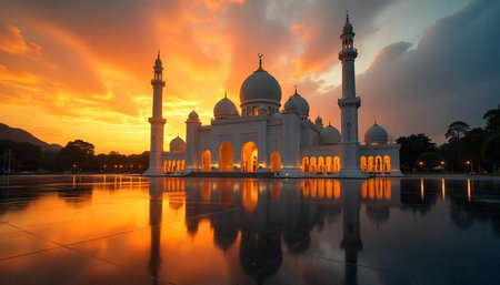 Grand mosque illuminated at sunset with reflective pool